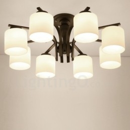 Lampadario in metallo integrato Country a 8 luci con paralume in vetro