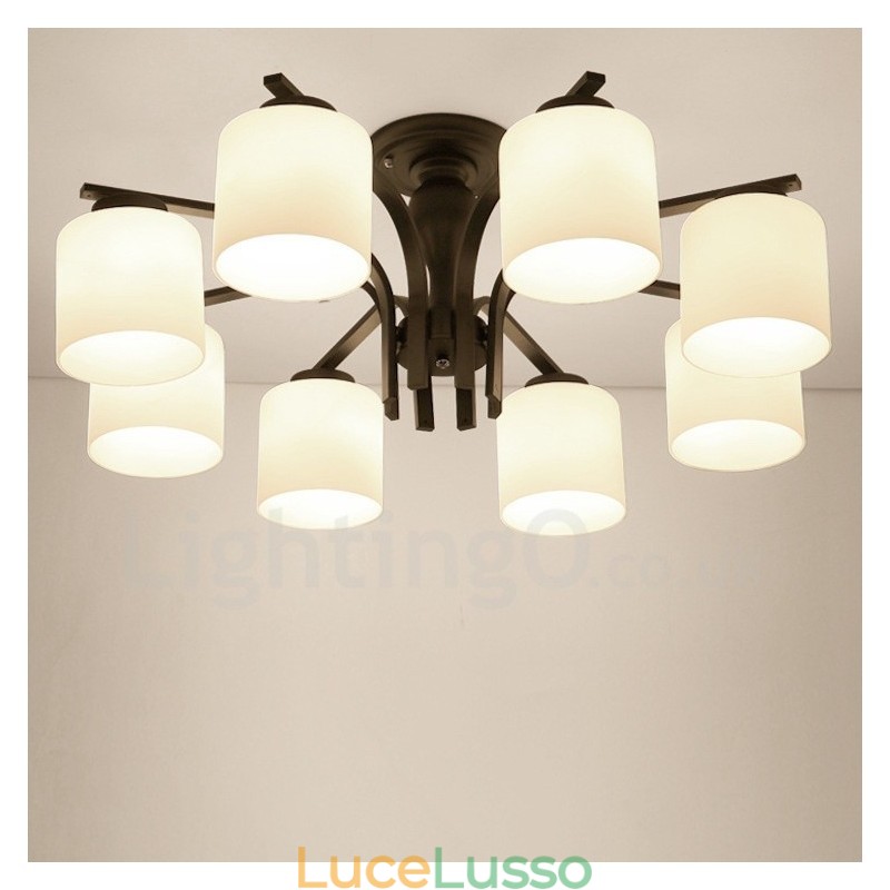 Lampadario in metallo integrato Country a 8 luci con paralume in vetro