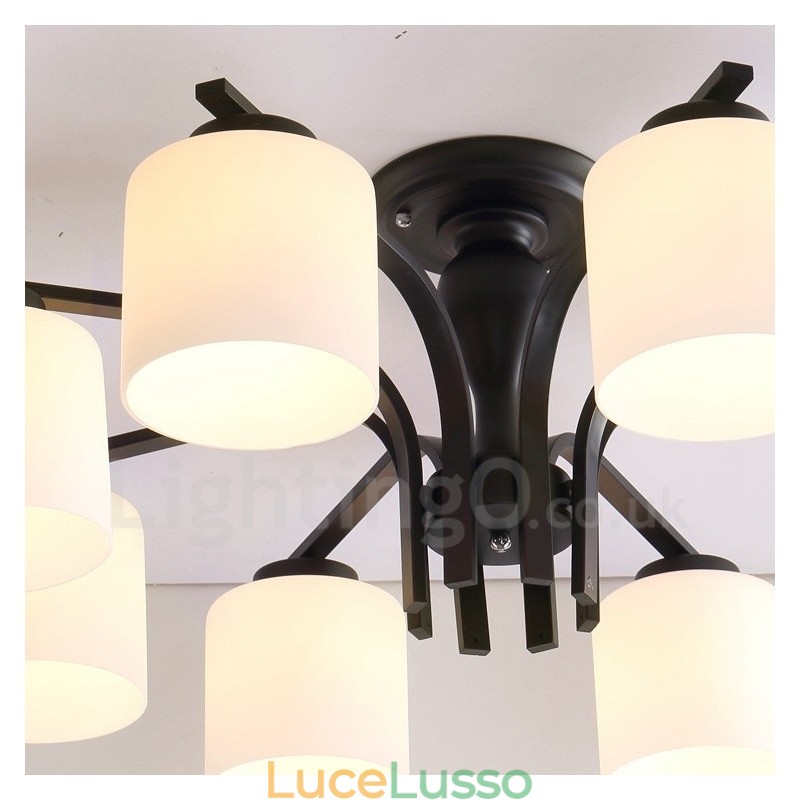 Lampadario in metallo integrato Country a 8 luci con paralume in vetro