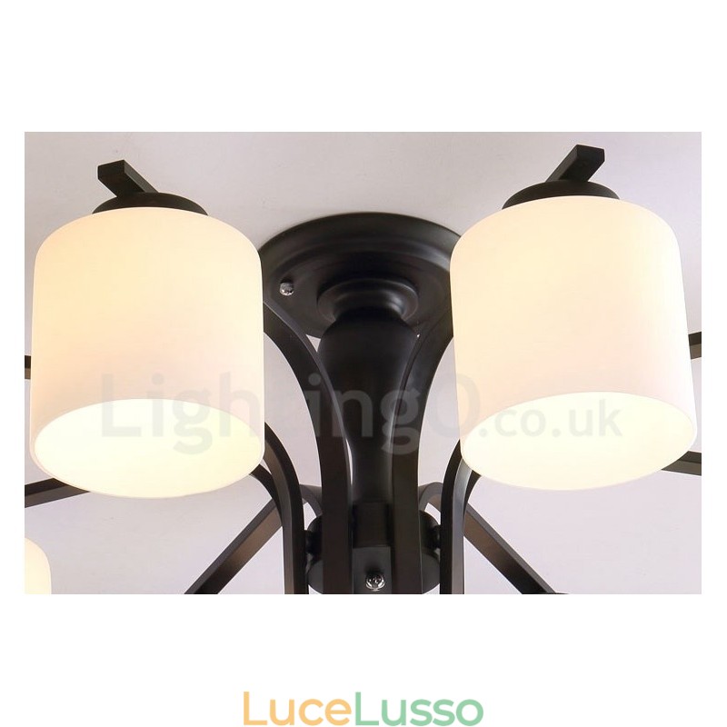 Lampadario in metallo integrato Country a 8 luci con paralume in vetro