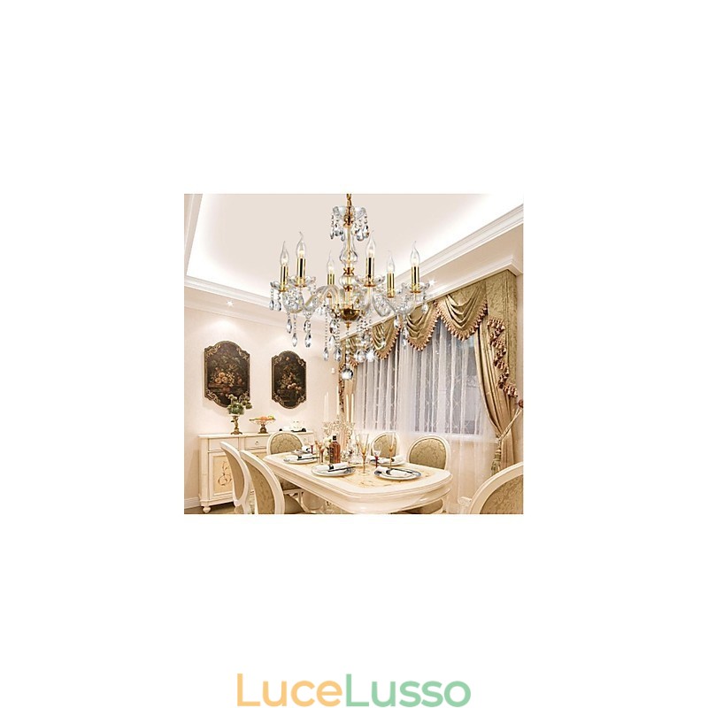 Lampadario 6 luci dorato vintage in cristallo