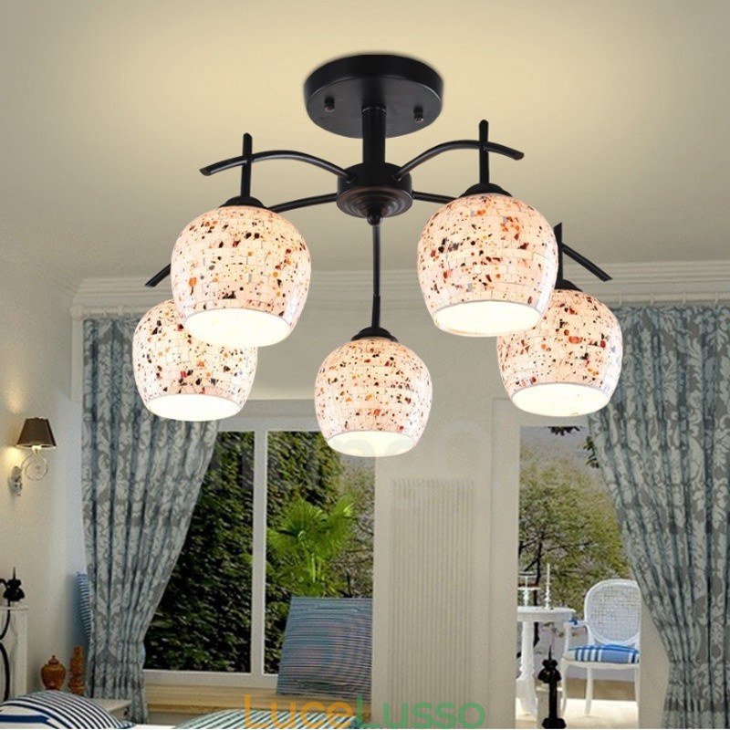 Lampadario integrato in stile mediterraneo a 5 luci con paralume in vetro
