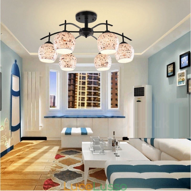 Lampadario integrato in stile mediterraneo a 6 luci con paralume in vetro