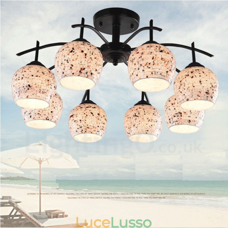 Lampadario integrato in stile mediterraneo a 8 luci con paralume in vetro