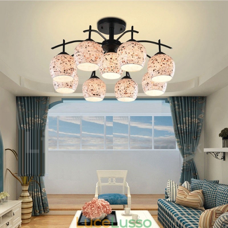 Lampadario integrato in stile mediterraneo a 9 luci con paralume in vetro