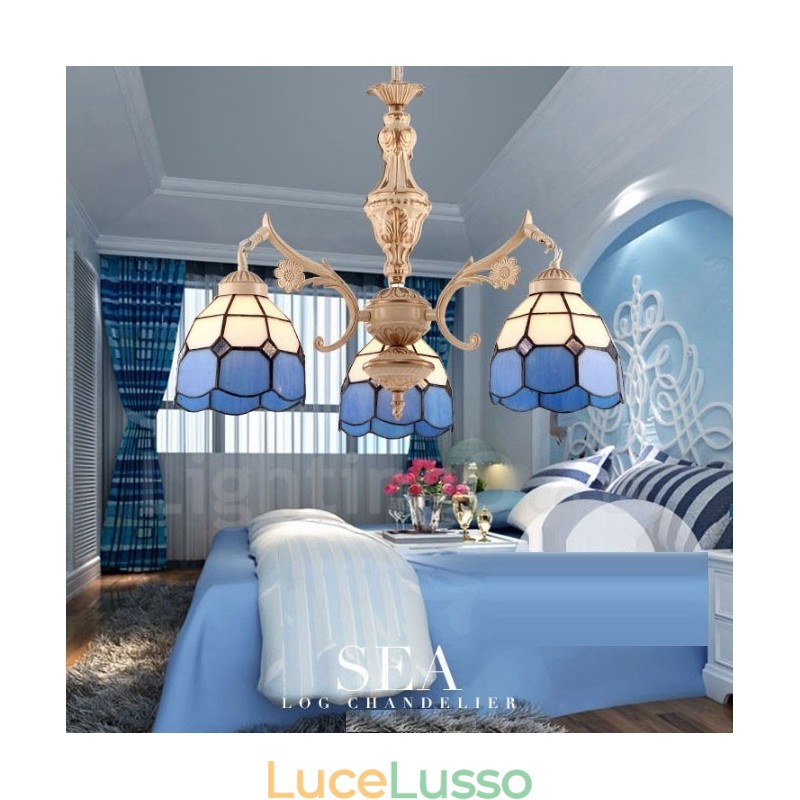 Lampadario in metallo integrato in stile mediterraneo a 3 luci con paralume in vetro