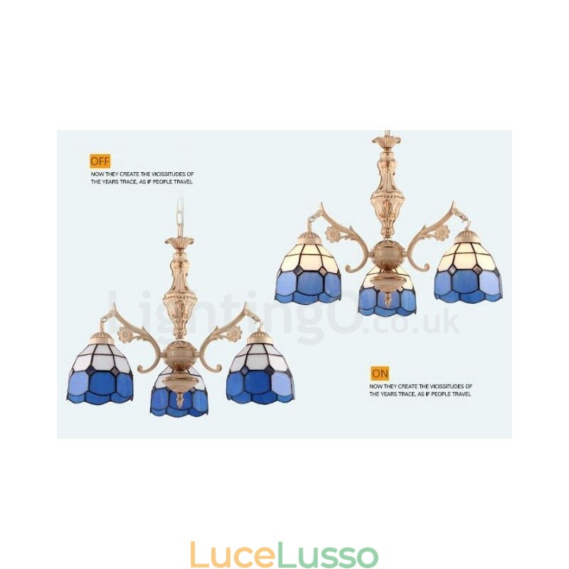 Lampadario in metallo integrato in stile mediterraneo a 3 luci con paralume in vetro