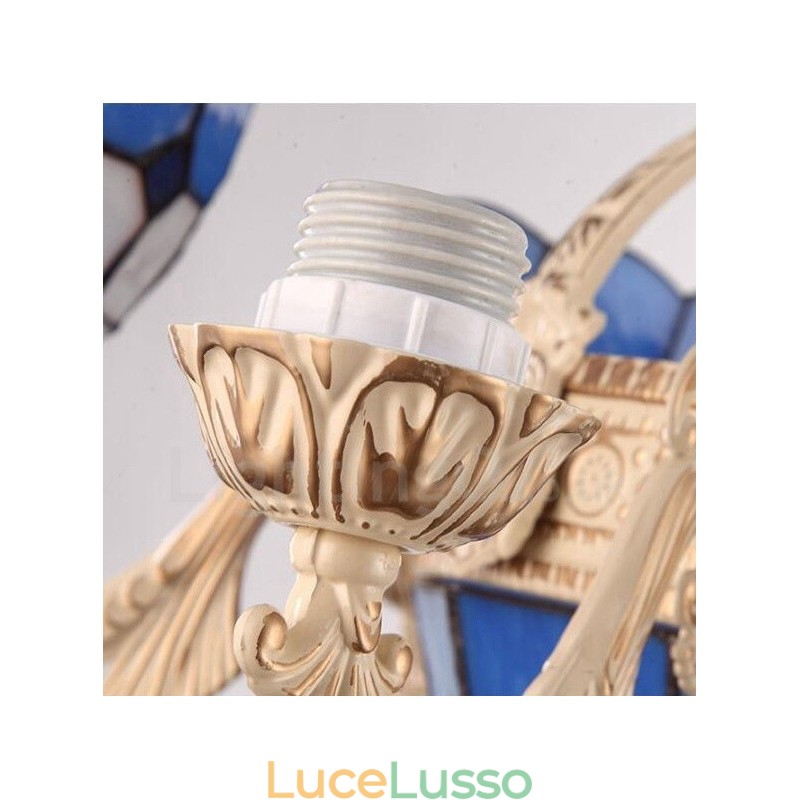 Lampadario in metallo integrato in stile mediterraneo a 5 luci con paralume in vetro