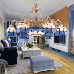 Lampadario in metallo integrato in stile mediterraneo a 9 luci con paralume in vetro