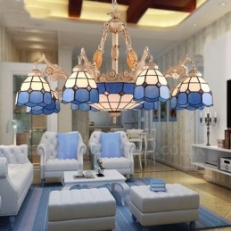 Lampadario in metallo integrato in stile mediterraneo a 11 luci con paralume in vetro