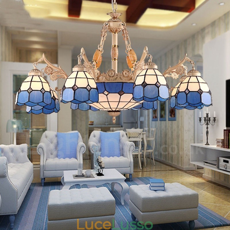 Lampadario in metallo integrato in stile mediterraneo a 11 luci con paralume in vetro