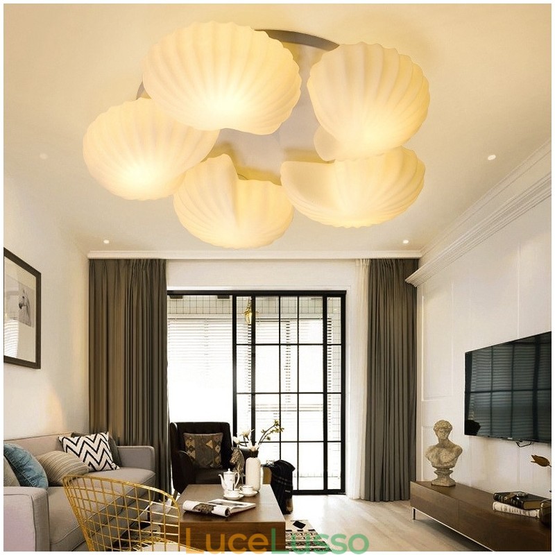 Lampadario tradizionale classico integrato Conch a 5 luci con paralume in vetro