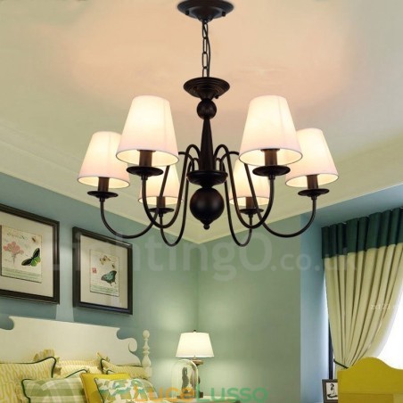 Lampadario in metallo integrato Rustic Lodge a 6 luci con paralume in tessuto Lampadario in metallo integrato Rustic Lodge a 6 luci con paralume in tessuto