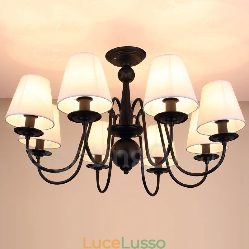 Lampadario in metallo integrato Rustic Lodge a 8 luci con paralume in tessuto