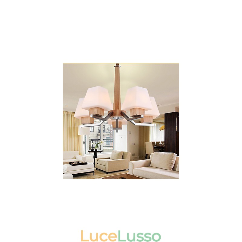 Lampadario in legno e bambù con caratteristica galvanica contemporanea moderna