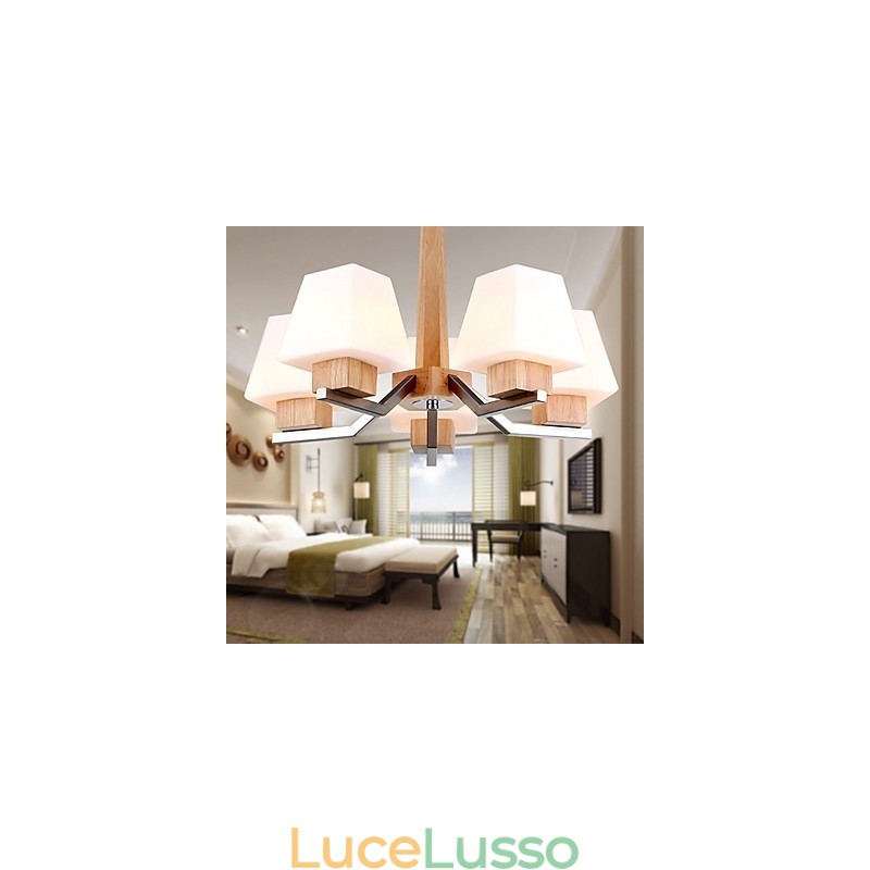 Lampadario in legno e bambù con caratteristica galvanica contemporanea moderna