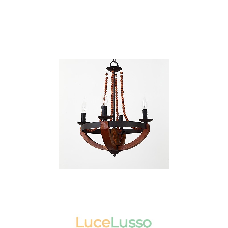 Lampadario in legno e bambù in stile mini con quattro luci vintage, lampada a sospensione decorativa