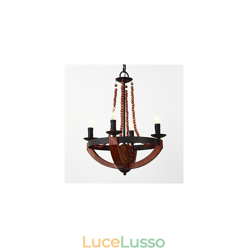 Lampadario in legno e bambù in stile mini con quattro luci vintage, lampada a sospensione decorativa