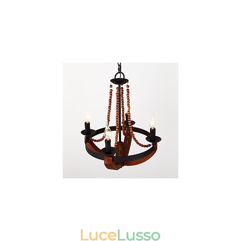 Lampadario in legno e bambù in stile mini con quattro luci vintage, lampada a sospensione decorativa