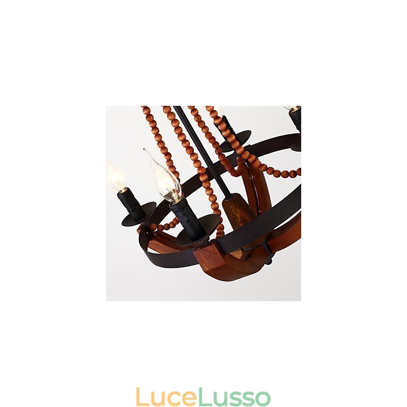 Lampadario in legno e bambù in stile mini con quattro luci vintage, lampada a sospensione decorativa