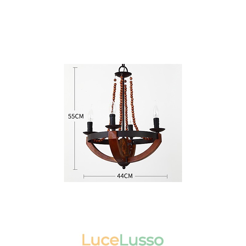 Lampadario in legno e bambù in stile mini con quattro luci vintage, lampada a sospensione decorativa
