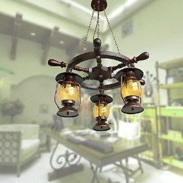 Lampadario in legno e bambù dipinto retrò
