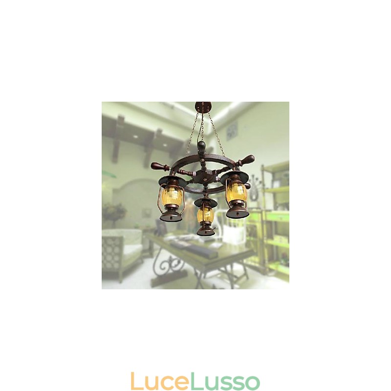 Lampadario in legno e bambù dipinto retrò