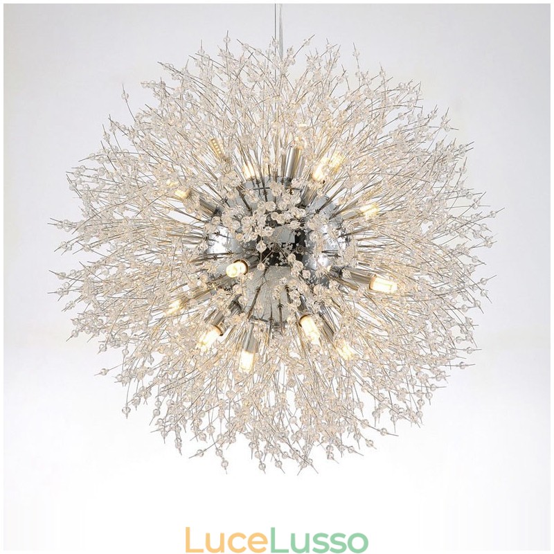 Lampadario in metallo con cristallo cromato e globo di fuoco d'artificio, dente di leone