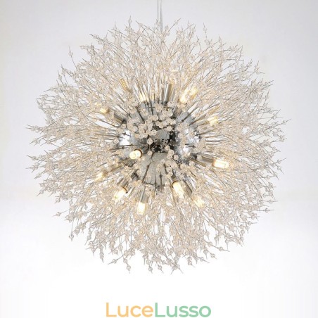 Lampadario in metallo con cristallo cromato e globo di fuoco d'artificio, dente di leone Lampadario in metallo con cristallo cromato e globo di fuoco d'artificio, dente di leone