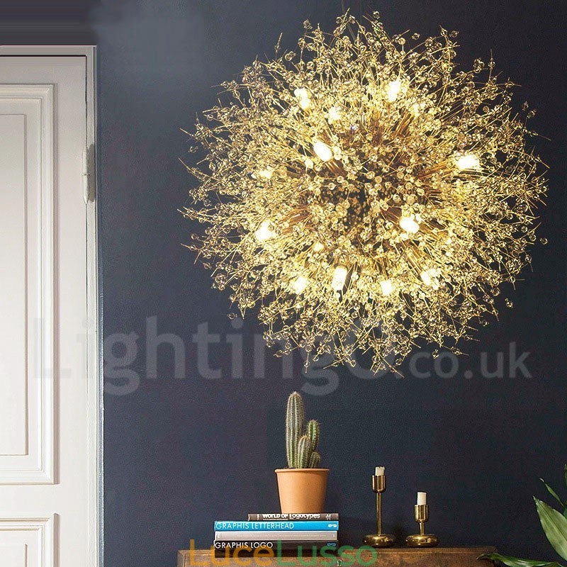 Lampadario in metallo con cristallo cromato e globo di fuoco d'artificio, dente di leone