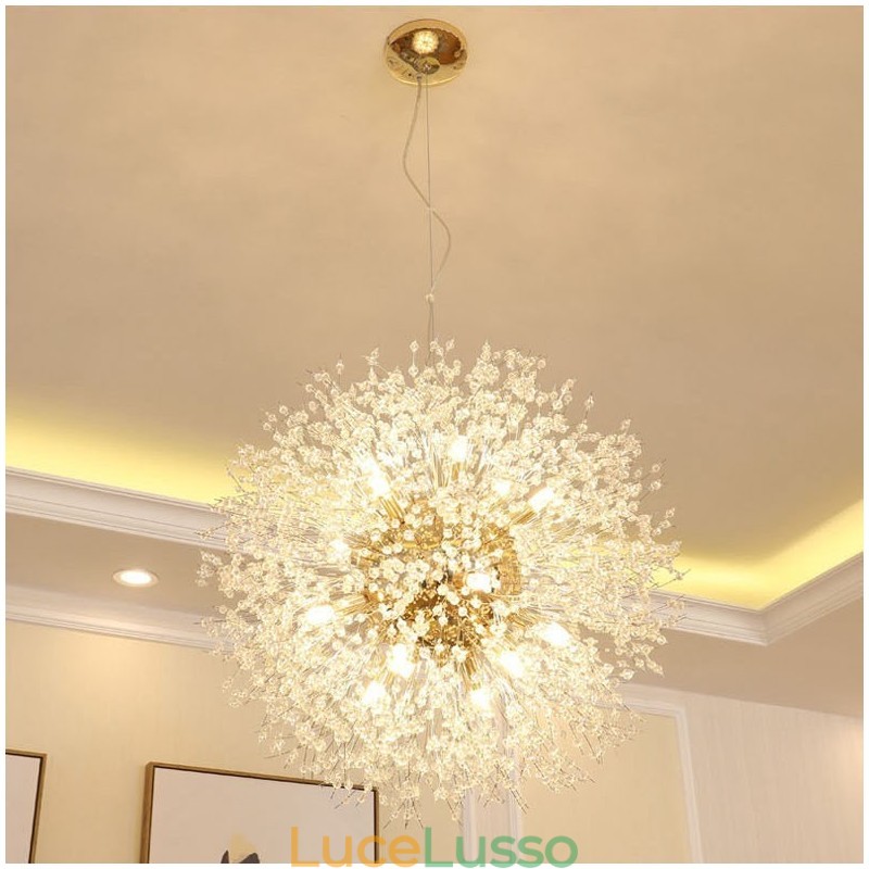 Lampadario in metallo con cristallo cromato e globo di fuoco d'artificio, dente di leone