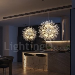 Lampadario in metallo con cristallo cromato e globo di fuoco d'artificio, dente di leone