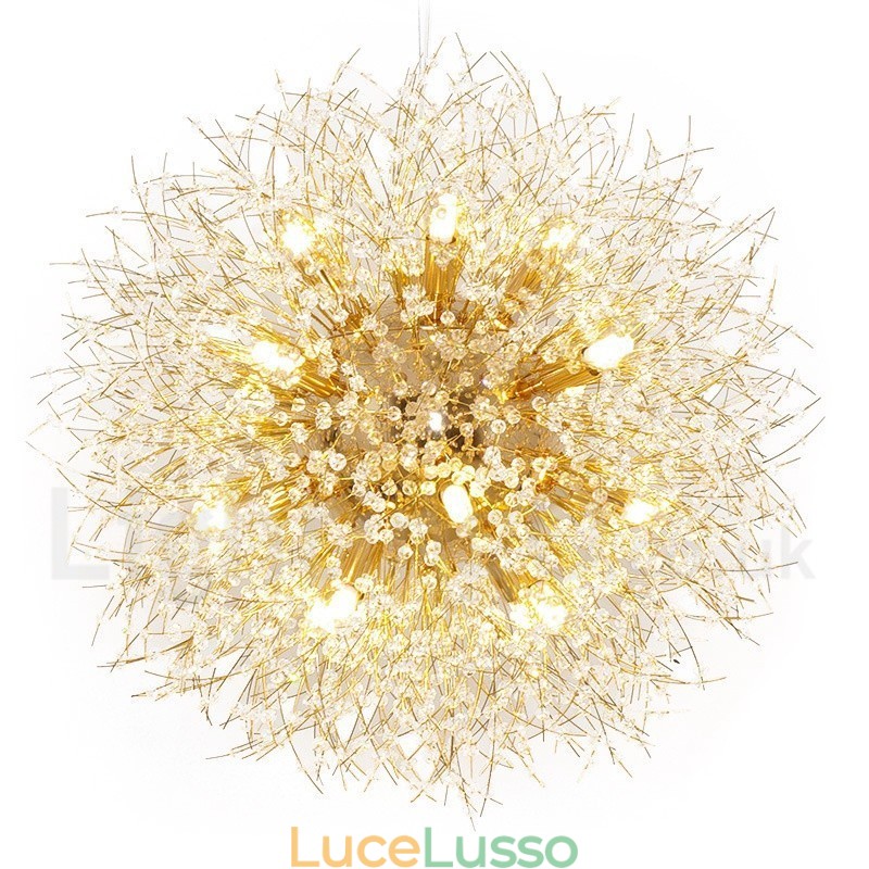 Lampadario in metallo con cristallo cromato e globo di fuoco d'artificio, dente di leone