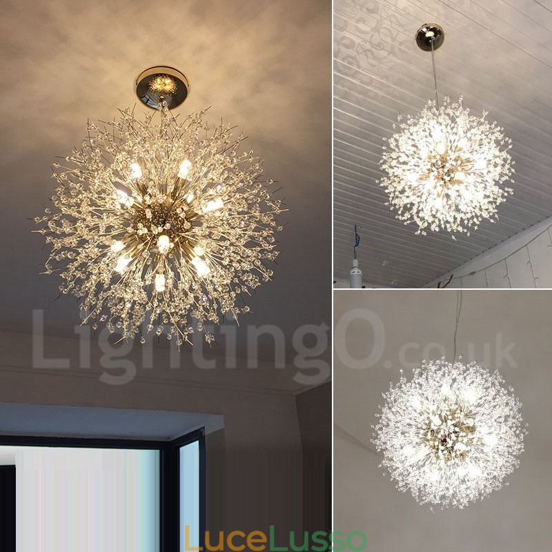 Lampadario in metallo con cristallo cromato e globo di fuoco d'artificio, dente di leone
