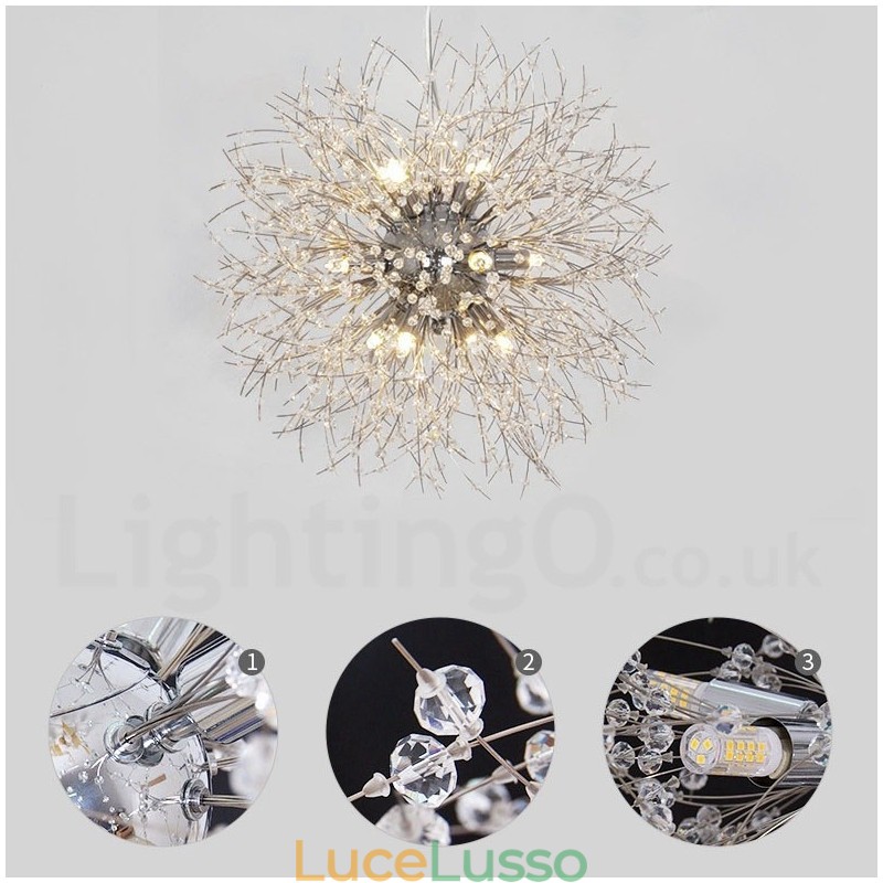 Lampadario in metallo con cristallo cromato e globo di fuoco d'artificio, dente di leone