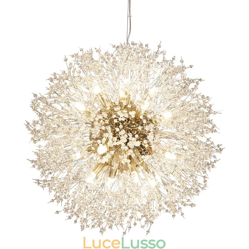 Lampadario in metallo con cristallo cromato e globo di fuoco d'artificio, dente di leone