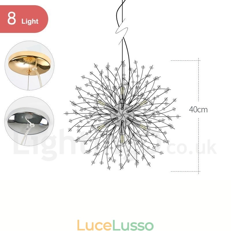 Lampadario in metallo con cristallo cromato e globo di fuoco d'artificio, dente di leone