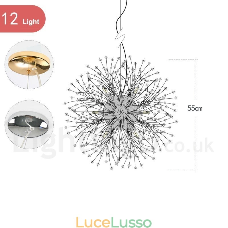 Lampadario in metallo con cristallo cromato e globo di fuoco d'artificio, dente di leone