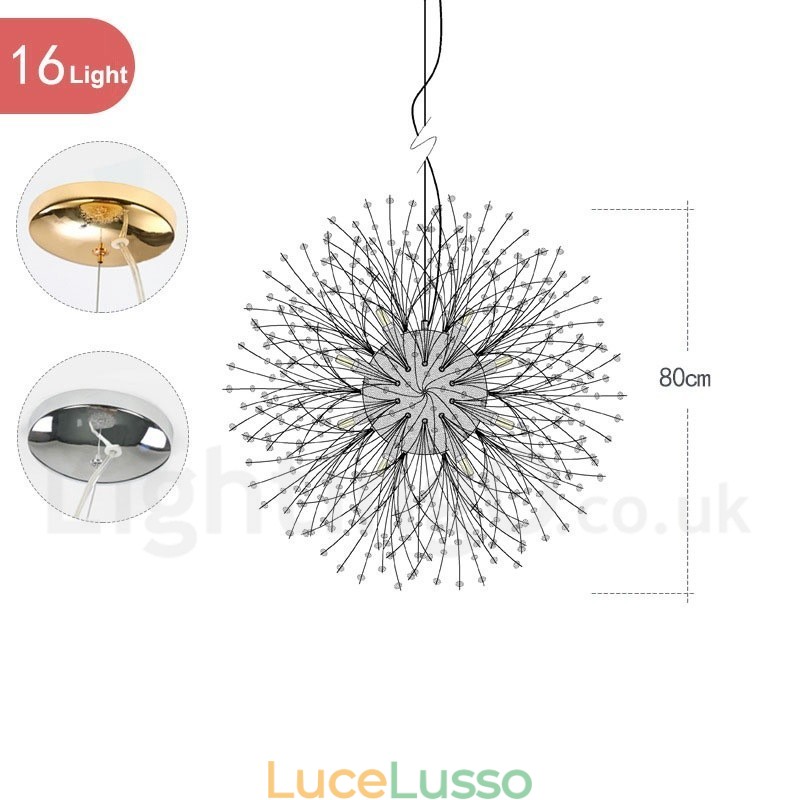 Lampadario in metallo con cristallo cromato e globo di fuoco d'artificio, dente di leone
