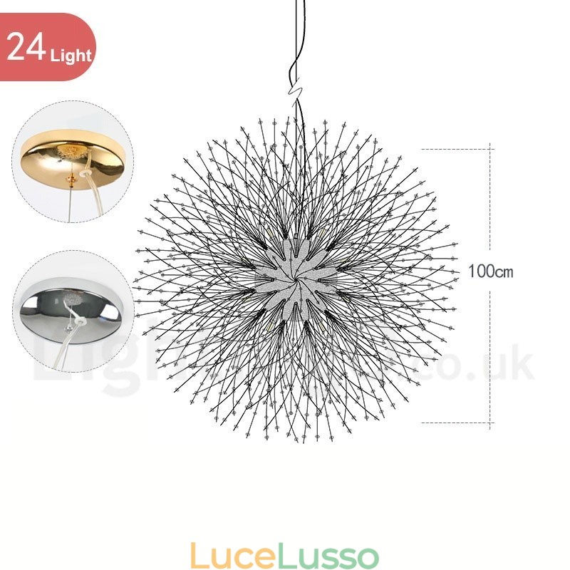 Lampadario in metallo con cristallo cromato e globo di fuoco d'artificio, dente di leone