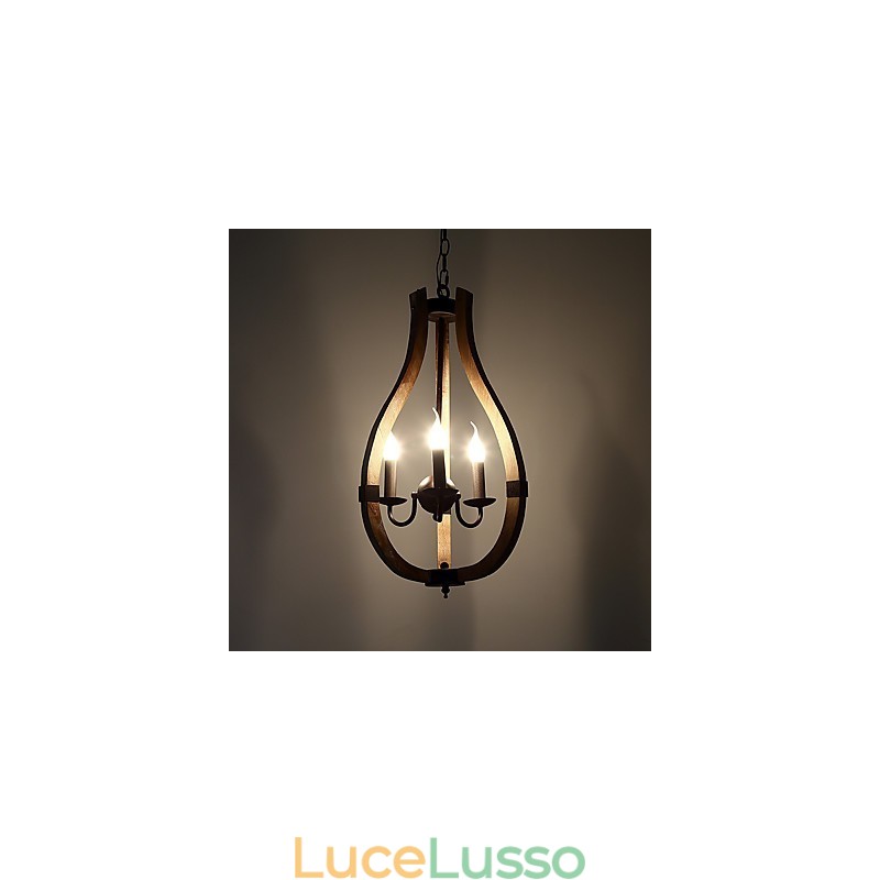 Lampadario in legno e bambù in stile mini con tre luci vintage, lampada a sospensione decorativa