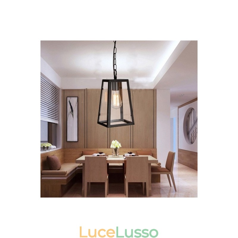 Lampada a sospensione vintage in metallo con paralume in vetro