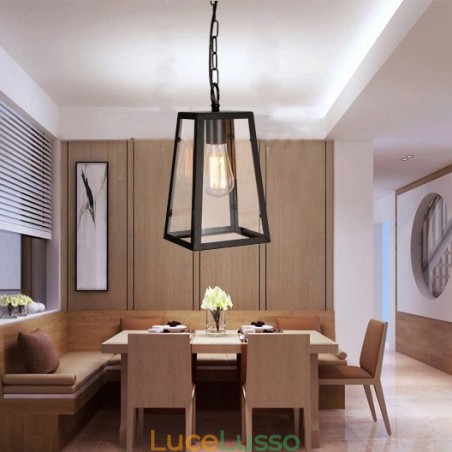 Lampada a sospensione vintage in metallo con paralume in vetro