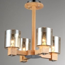 Lampadario moderno in stile nordico contemporaneo in legno chiaro con paralume in vetro