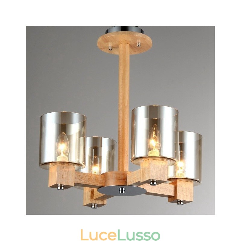 Lampadario moderno in stile nordico contemporaneo in legno chiaro con paralume in vetro