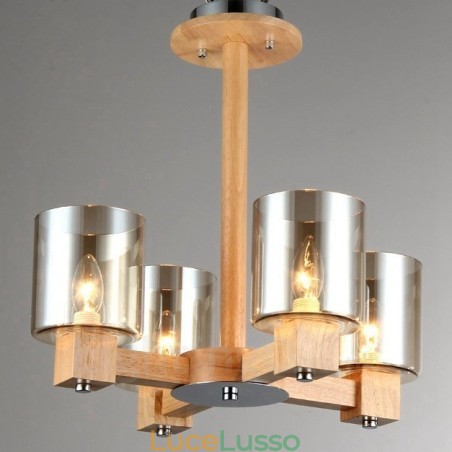 Lampadario moderno in stile nordico contemporaneo in legno chiaro con paralume in vetro Lampadario moderno in stile nordico contemporaneo in legno chiaro con paralume in vetro