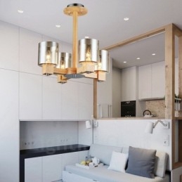 Lampadario moderno in stile nordico contemporaneo in legno chiaro con paralume in vetro