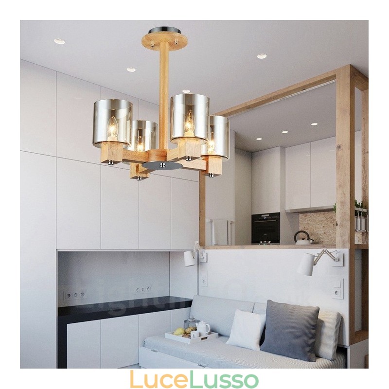 Lampadario moderno in stile nordico contemporaneo in legno chiaro con paralume in vetro