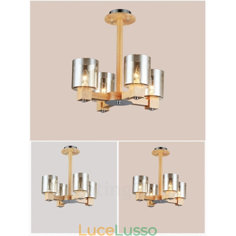 Lampadario moderno in stile nordico contemporaneo in legno chiaro con paralume in vetro