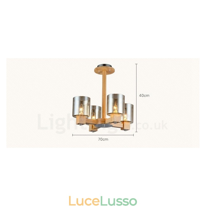 Lampadario moderno in stile nordico contemporaneo in legno chiaro con paralume in vetro